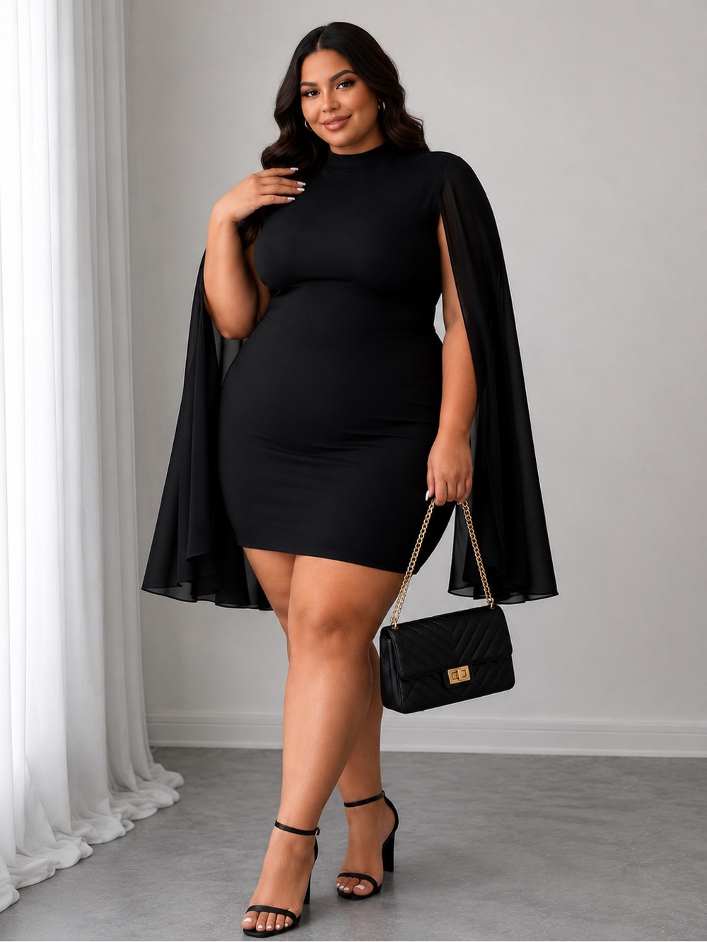 🖤 Black Cape-Sleeve Bodycon Dress